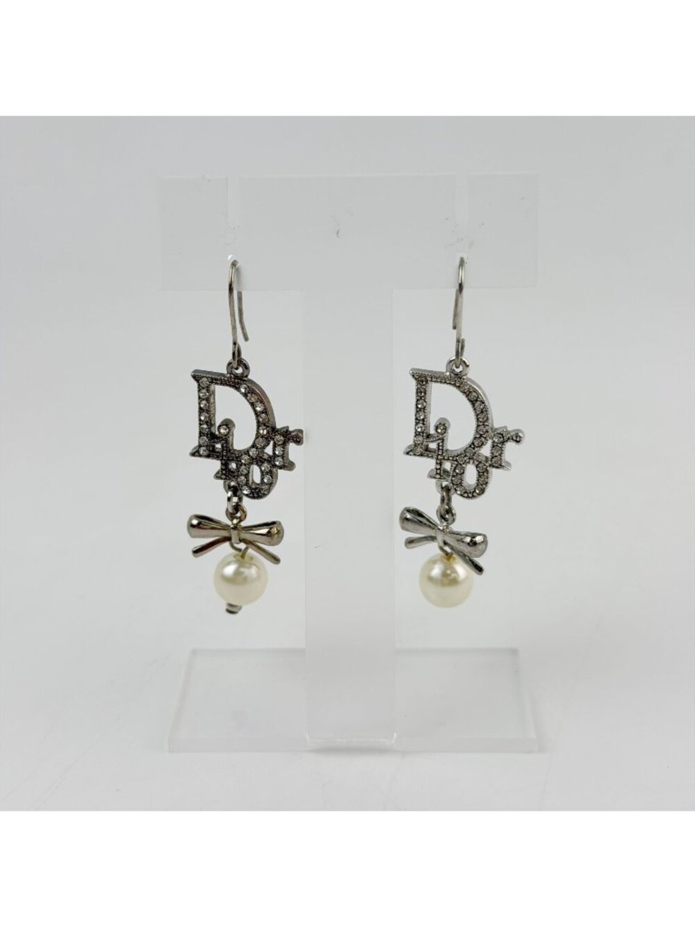 Dior Logo Ribbon Pearl Swing Earrings Plated Silver Ivory Clear Vintage